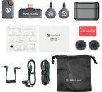Hollyland Lark M2S wireless microphone system with 2 receivers, camera transmitter, USB-C and Lightning cables, compact and portable.