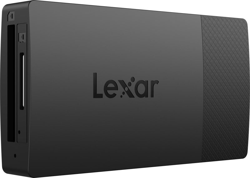 Lexar microSD and SD card reader with USB-A and USB-C connectors, compact design for easy data transfer and storage.