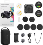 Wireless microphone system from Saramonic BlinkMe B2 Creator wireless microphone system with microphones and receiver components.