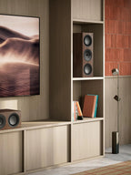 KEF Q6 Meta center speaker with sleek design and black finish, showcasing its front grille and branding for home audio setup.