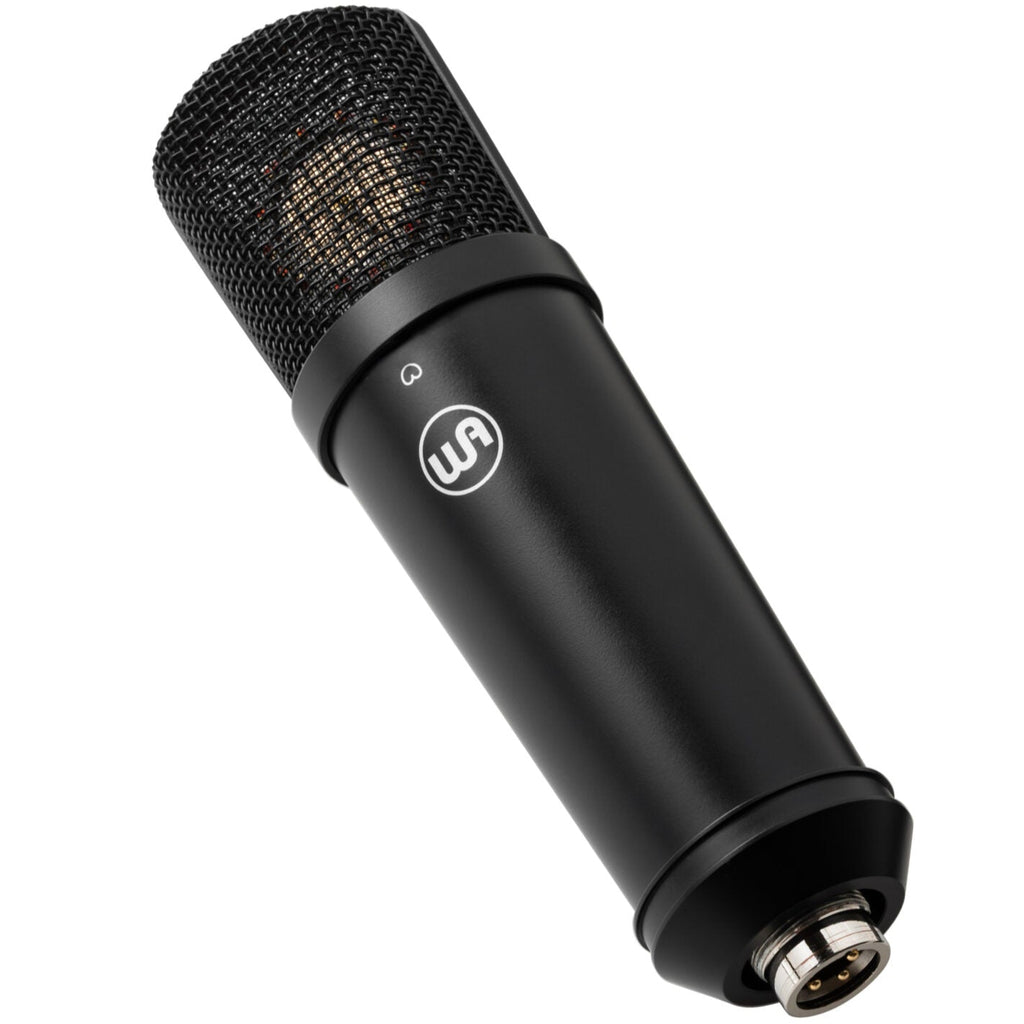 Warm Audio WA-87jr SE condenser microphone in black, shown at an angle with its sleek design and professional build.