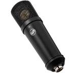 Warm Audio WA-87jr SE condenser microphone in black, shown at an angle with its sleek design and professional build.