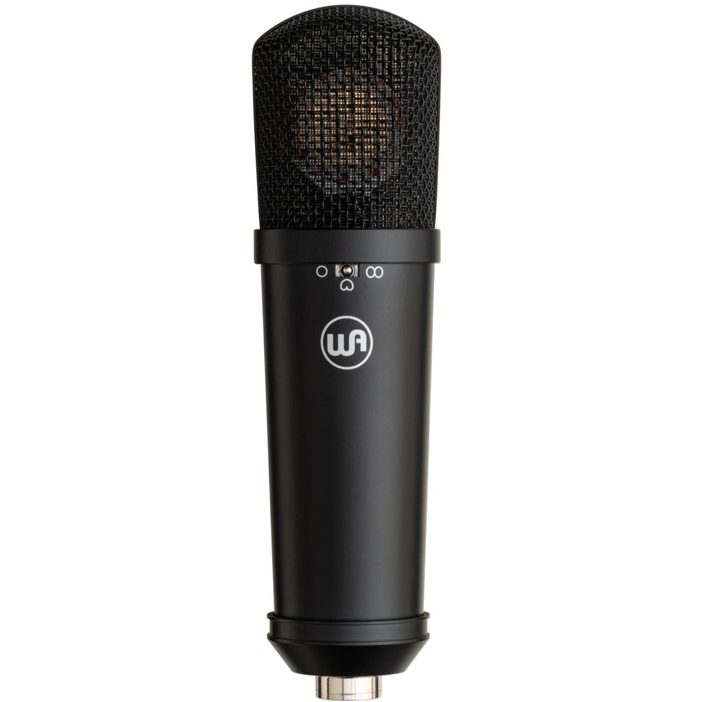 Warm Audio WA-87jr condenser microphone in black, front view showing the classic microphone design and branding.
