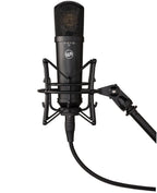 Warm Audio WA-87jr condenser microphone with black shock mount, showing the microphone and mounting accessories.