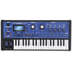 Novation MiniNova synthesizer with colorful knobs and buttons, compact design, and digital display on a black background.
