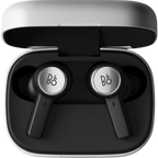 Wireless in-ear headphones by Bang & Olufsen Beoplay Eleven with sleek black design and compact charging case.