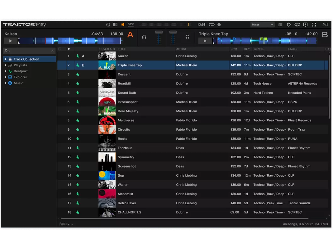 Native Instruments Traktor Play DJ software interface showing waveform display and control options on a digital screen.