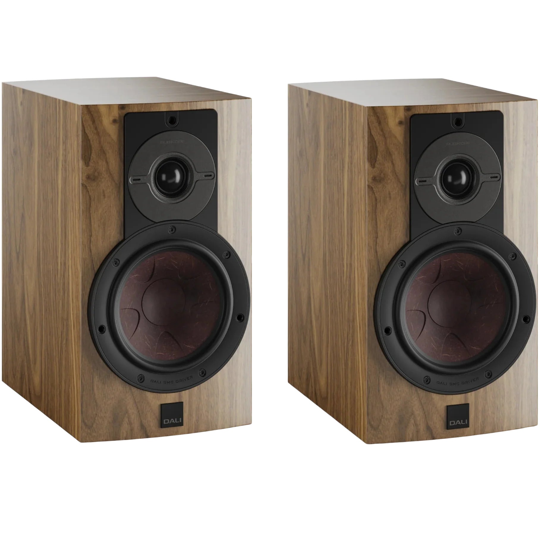 DALI Rubikore 2 passive bookshelf speakers with black finish and compact design, showcasing the front grille and speaker drivers.