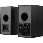 Klipsch R-41PM active bookshelf speakers with black cabinets and front control panel, designed for high-quality audio.