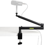 Shure SH-BROADCAST2 broadcast microphone arms mounted on a desk with adjustable arms and microphone attachment for professional broadcasting.