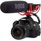 Rode VideoMic Rycote camera microphone mounted on a camera, featuring a shock mount for professional audio recording.