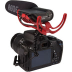 Rode VideoMic Rycote camera microphone mounted on a camera, with shock mount and windscreen for professional audio recording.