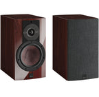 DALI Rubikore 2 passive bookshelf speakers with sleek black finish and compact design, showcasing their front grille and speaker cones.