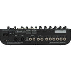 Mackie 1402VLZ4 analog mixer with multiple channels, knobs, and input jacks, showing its compact, professional audio mixing interface.