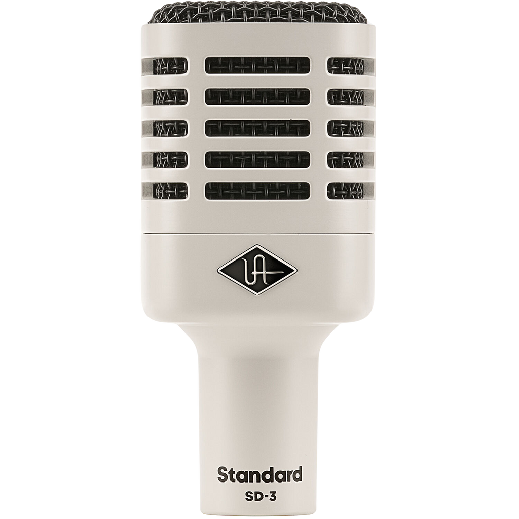 Universal Audio SD-3 dynamic microphone shown with its sleek black design and sturdy grille, ideal for professional audio recording.