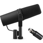 Shure SM7B dynamic microphone with MVX2U XLR-to-USB adapter connected, suitable for professional audio recording and broadcasting.