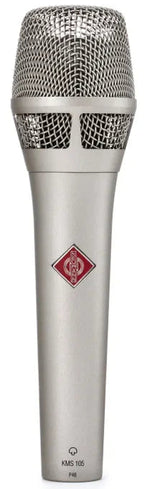 Neumann KMS 105 condenser microphone with black body and silver grille for professional vocal recording.