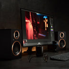 Argon Audio Fenris A4 active bookshelf speakers in black, showing the front view with drivers and sleek design.