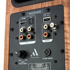 Argon Audio Fenris A4 active bookshelf speakers with black finish and sleek design, showing front view with speaker grille and controls