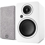 Argon Audio Fenris A4 active bookshelf speakers in white with black speaker cones and control knobs on the front panel.