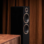 Black Argon Audio Fenris A55 floorstanding speakers with sleek design and multiple drivers for high-quality sound.