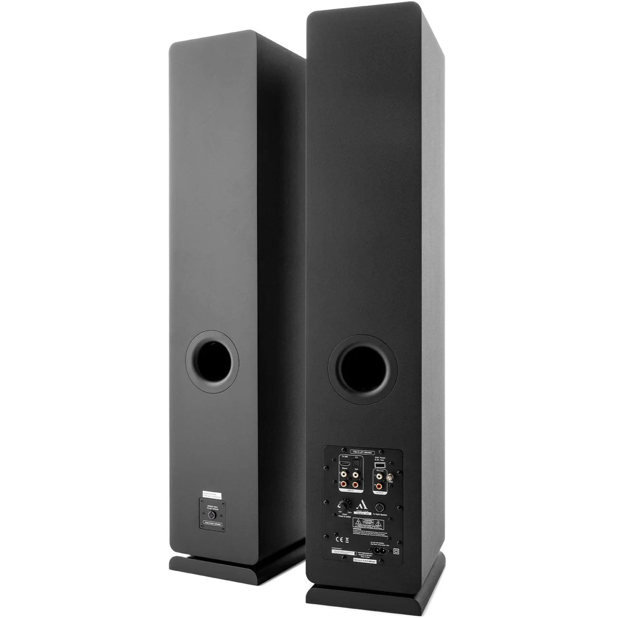 Argon Audio Fenris A55 floorstanding speakers with black finish, showcasing sleek design and multiple speaker drivers.