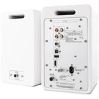 Argon Audio Forte A4 MK2 active bookshelf speakers with white finish, featuring sleek design and front-facing controls.