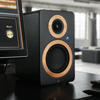Argon Audio Forte A5 WiFi active bookshelf speakers with black wood finish, showcasing their sleek, modern design and front speaker grilles.