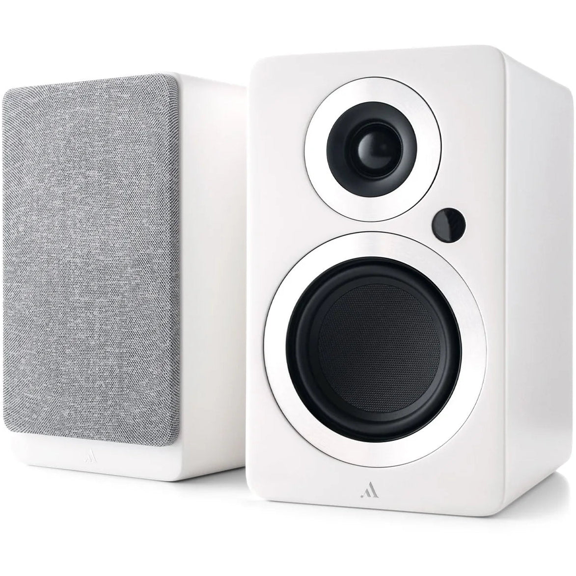 Argon Audio Forte A4 WiFi active bookshelf speakers with sleek white finish and modern design, shown from front angle.