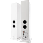 Argon Audio Forte A55 MK2 floorstanding speakers with white finish, showcasing sleek design and detailed speaker drivers.
