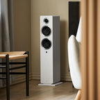 Argon Audio Forte A55 MK2 floorstanding speakers with white finish, sleek design, and dual drivers for high-quality sound.