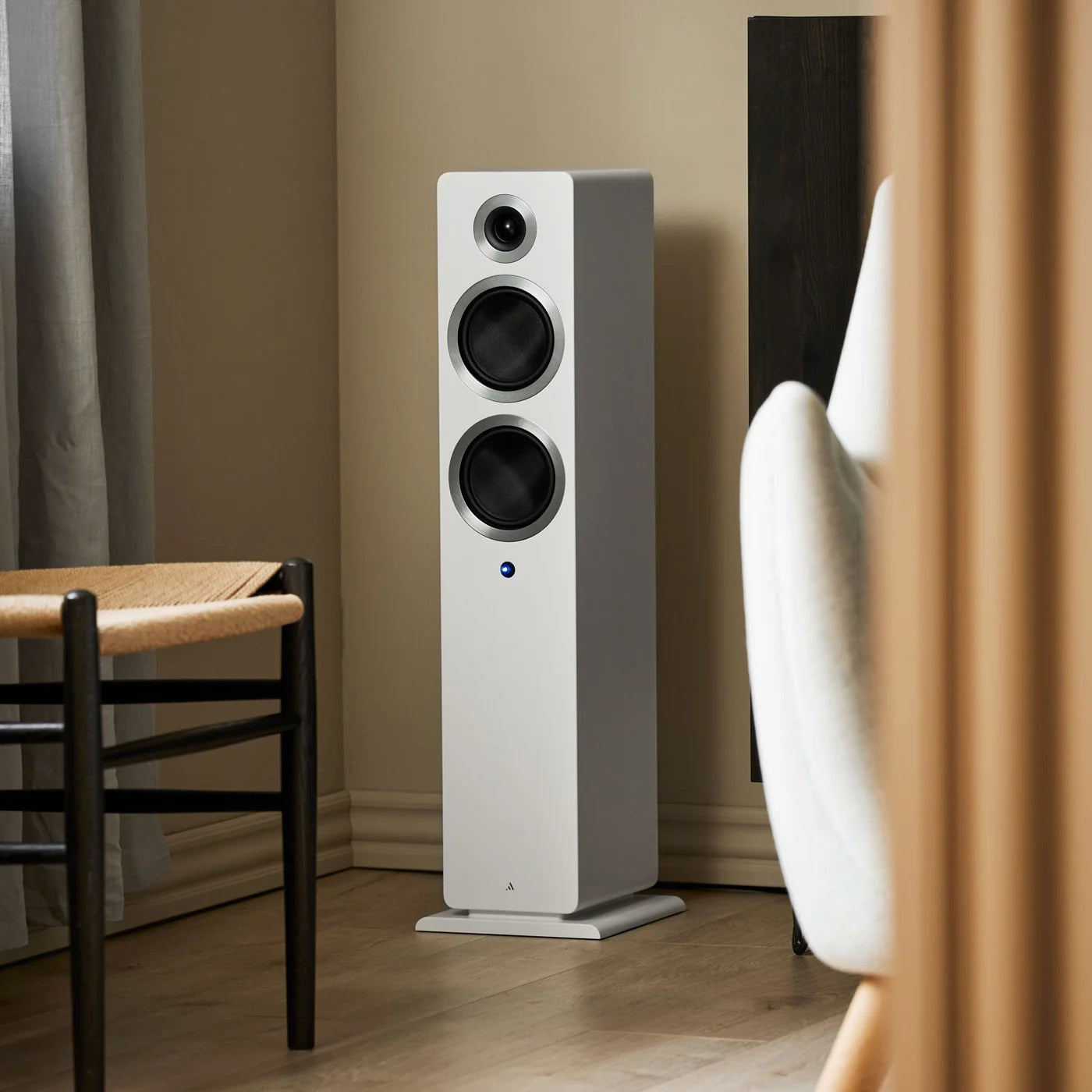 Argon Audio Forte A55 MK2 floorstanding speakers with white finish, sleek design, and dual drivers for high-quality sound.