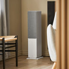 Argon Audio Forte A55 MK2 floorstanding speakers with white finish, showcasing sleek design and ample speaker drivers.
