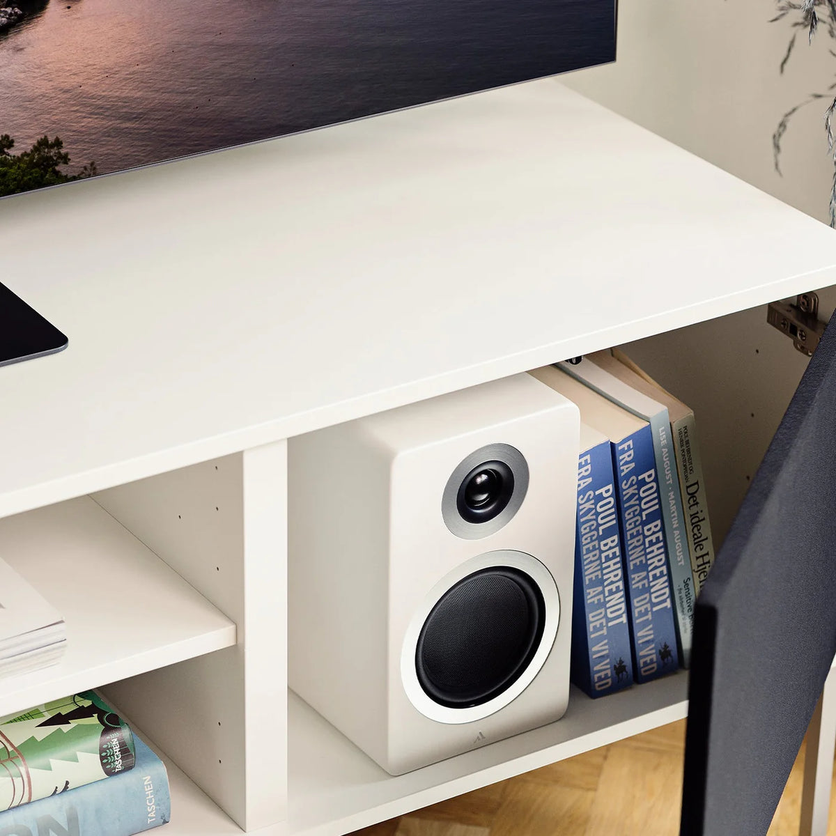 Argon Audio Forte A4 WiFi active bookshelf speakers in white with sleek design and front-facing controls.