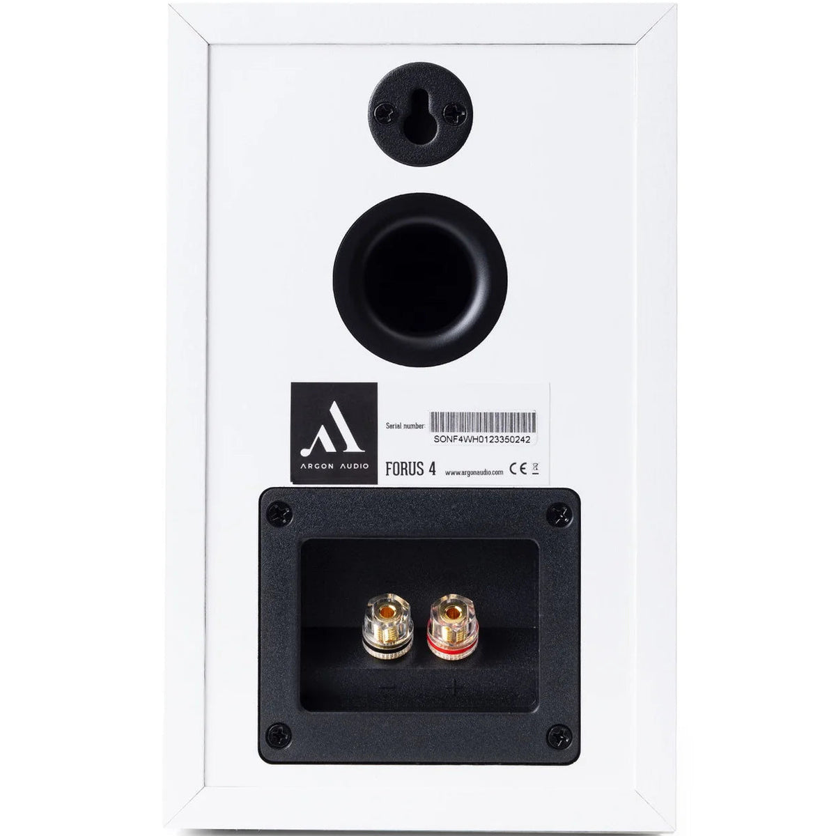 Argon Audio Forus 4 passive bookshelf speakers in white, showcasing their compact design and sleek black grilles.