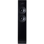 Black Argon Audio Forus 55 passive floorstanding speakers shown from the front with sleek design and tall speaker cabinets.