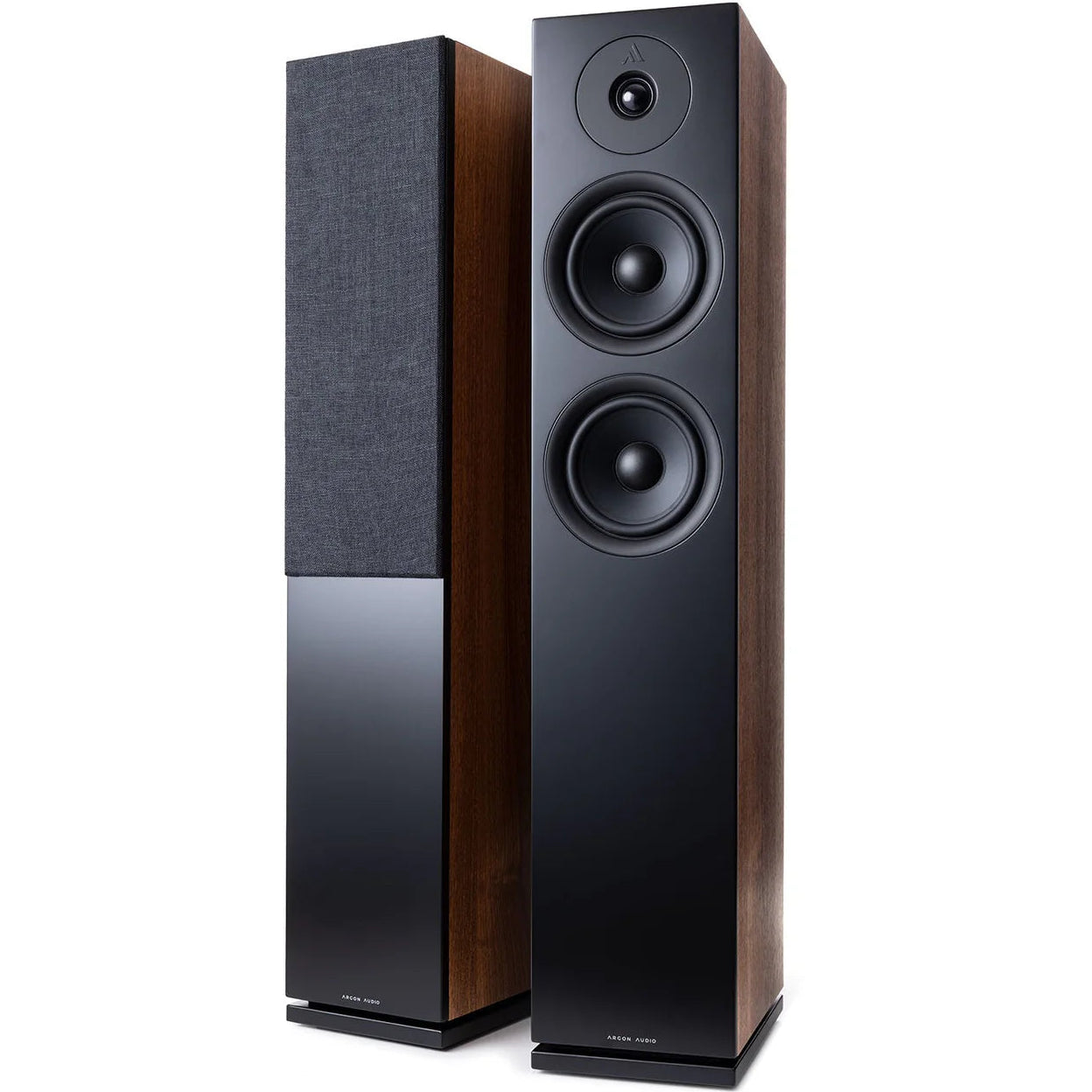 Argon Audio Forus 55 passive floorstanding speakers with tall black enclosures and sleek design, ideal for home audio systems.
