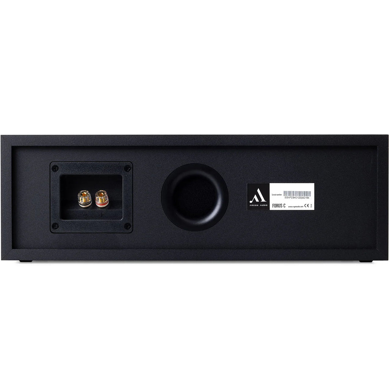 Argon Audio Forus Center speaker in black, showcasing its front grille and sleek design for home theater audio systems.