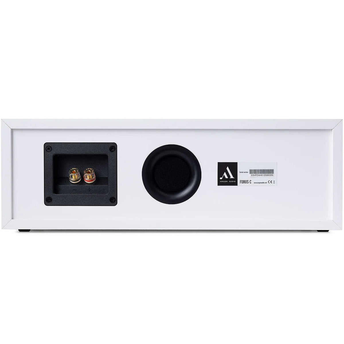 Argon Audio Forus Center speaker in white, showcasing its sleek design and front grille for home theater audio setup.