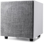 Argon Audio Malmö Sub 6 subwoofer with sleek black finish, featuring a large circular speaker and control panel on the side.