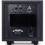 Black Argon Audio Malmö Sub 8 subwoofer with sleek design and front-facing port, showcasing its compact build and modern appearance.