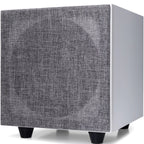 Argon Audio Malmö Sub 8 subwoofer in white with sleek design and front-facing speaker grille, ideal for home audio systems.