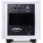 Argon Audio Malmö Sub 8 subwoofer in white with sleek design and compact size, featuring a black speaker grille and control knobs on top.