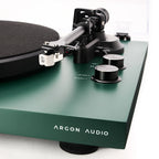Argon Audio TT MK2 turntable with sleek design and tonearm, featuring a black finish and control knobs for high-quality vinyl playback.
