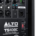 Alto Professional TS108C active column speaker with sleek black design and multiple speaker drivers visible.
