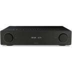 Arcam A15+ stereo amplifier in a sleek black finish, featuring control knobs and input ports on the front panel.