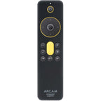 Arcam A25+ stereo amplifier with sleek black design, volume knob, and input ports on the front panel.