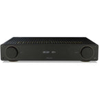 Arcam A5+ stereo amplifier showcasing a sleek black integrated amplifier with control knobs and input ports on the front panel.