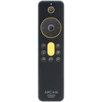 Arcam A5+ stereo amplifier with sleek black design, multiple control knobs, and input ports on the front panel.