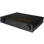 Arcam A5+ stereo amplifier with sleek black finish and control knobs, designed for high-quality audio listening.